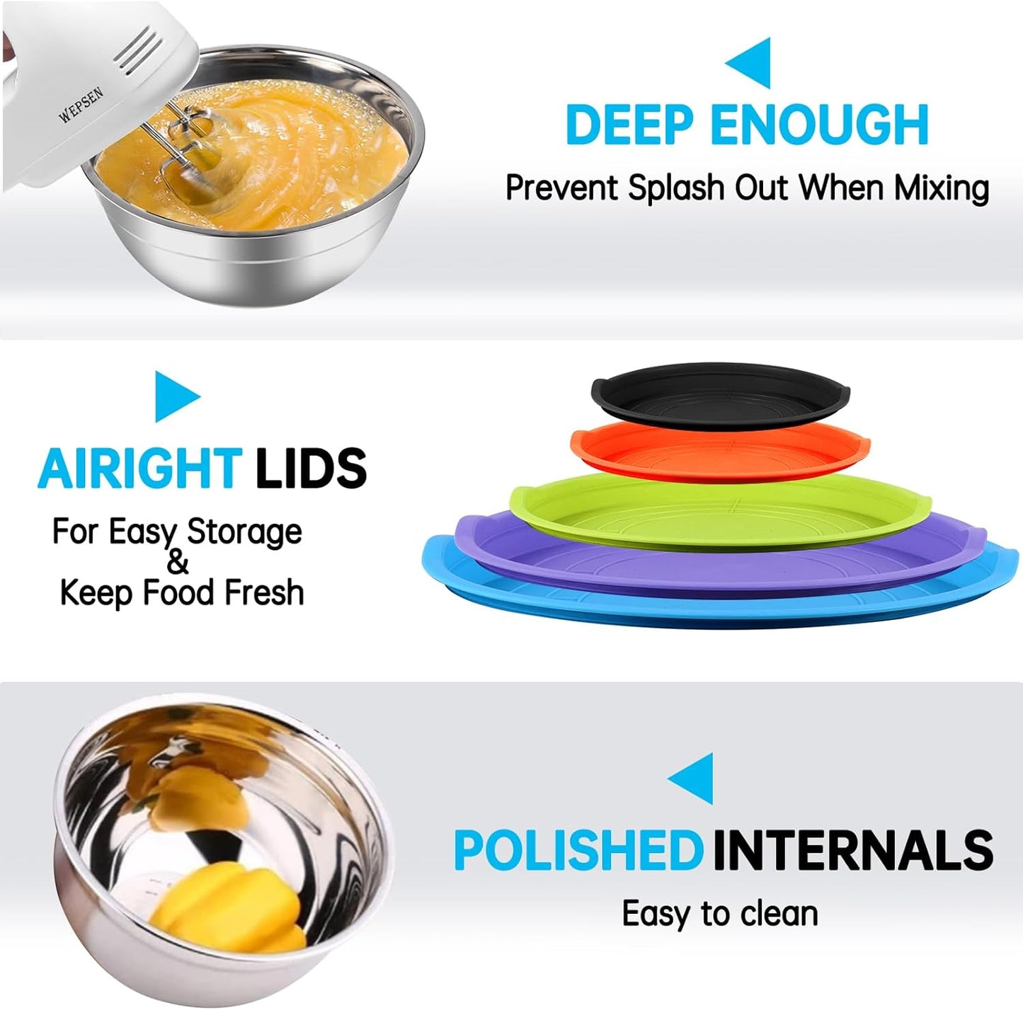 WEPSEN Mixing Bowls with Lid Set, 25PCS Kitchen Utensils Metal Bowl Stainless Steel Nesting Bowls, Measuring Cups and Spoons, Egg Whisk for Baking Prepping Cooking Serving Supplies
