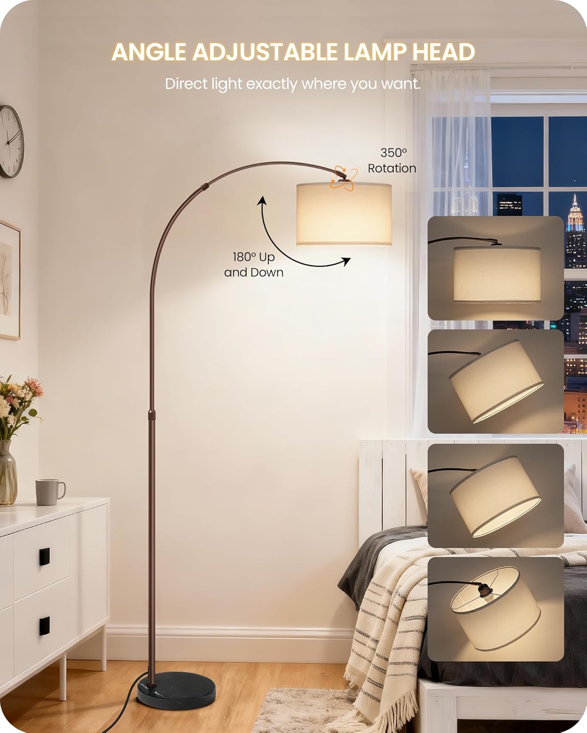75" Arc Floor Lamp with Marble Base and Adjustable Height, Rotating Hanging Shade, Dimmable Floor Lamp for Living Room with Remote and Foot Switch, 3CCT, Over Couch Arched Light, White Brown VW15LD05