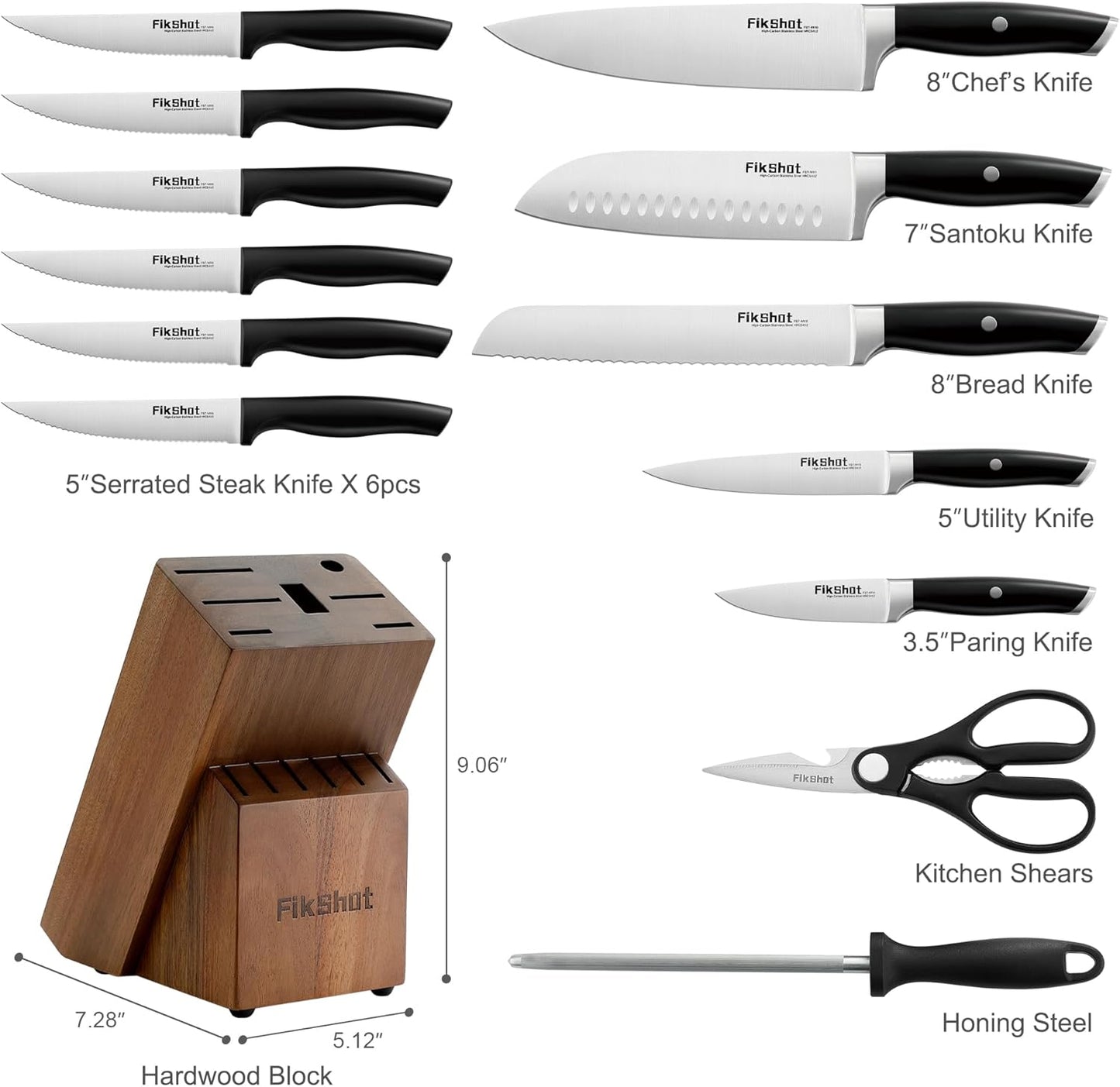 Fikshot Knife Set – German Stainless Steel, Ultra-Sharp, 14-Piece with Knife Block & Sharpener, Full Tang Black Handle, Rust-Resistant, Dishwasher-Safe for Kitchens, Gift for Chefs
