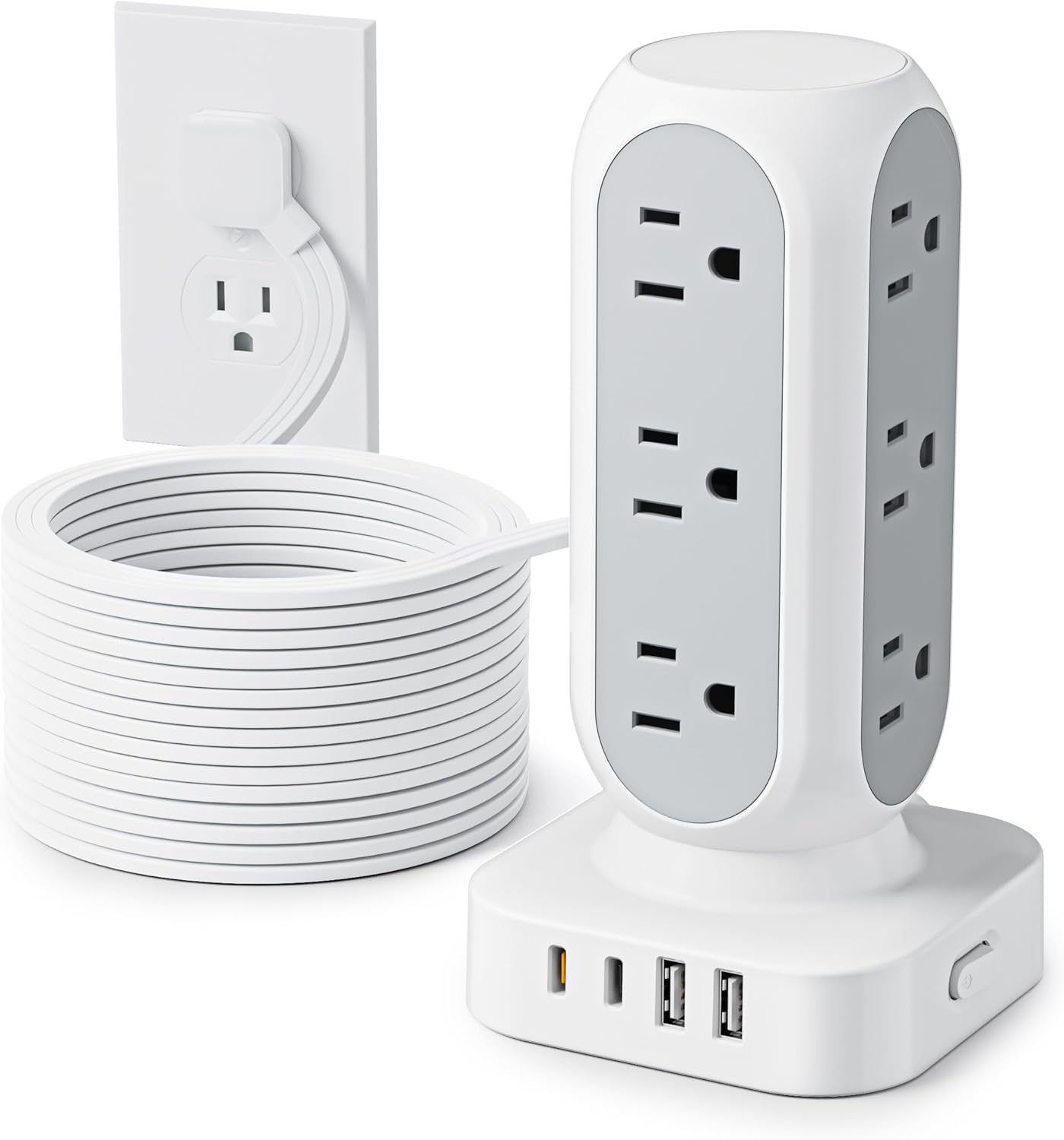 Flat Plug Power Strip Tower 10FT, 40W Total Fast Charging Station, Dual PD 20W USB-C Charger Tower with 12 AC Outlets and 8 USB Ports (4 USB C), Long Extension Cord for Home Office Dorm Room