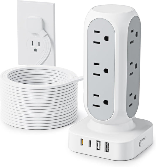 Flat Plug Power Strip Tower, TenTrend 40W Total Fast Charging Station, 15FT | 12 AC Outlets & 8 USB Ports (4 USB C), Dual PD 20W, 10FT Extension Cord for Desk Office Dorm Room