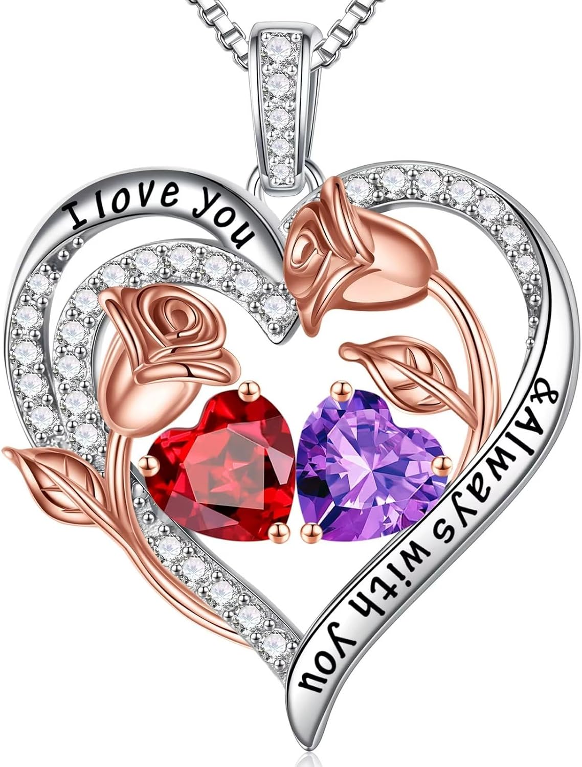 Iefil Birthstone Necklace for Women - Rose Heart Necklace
