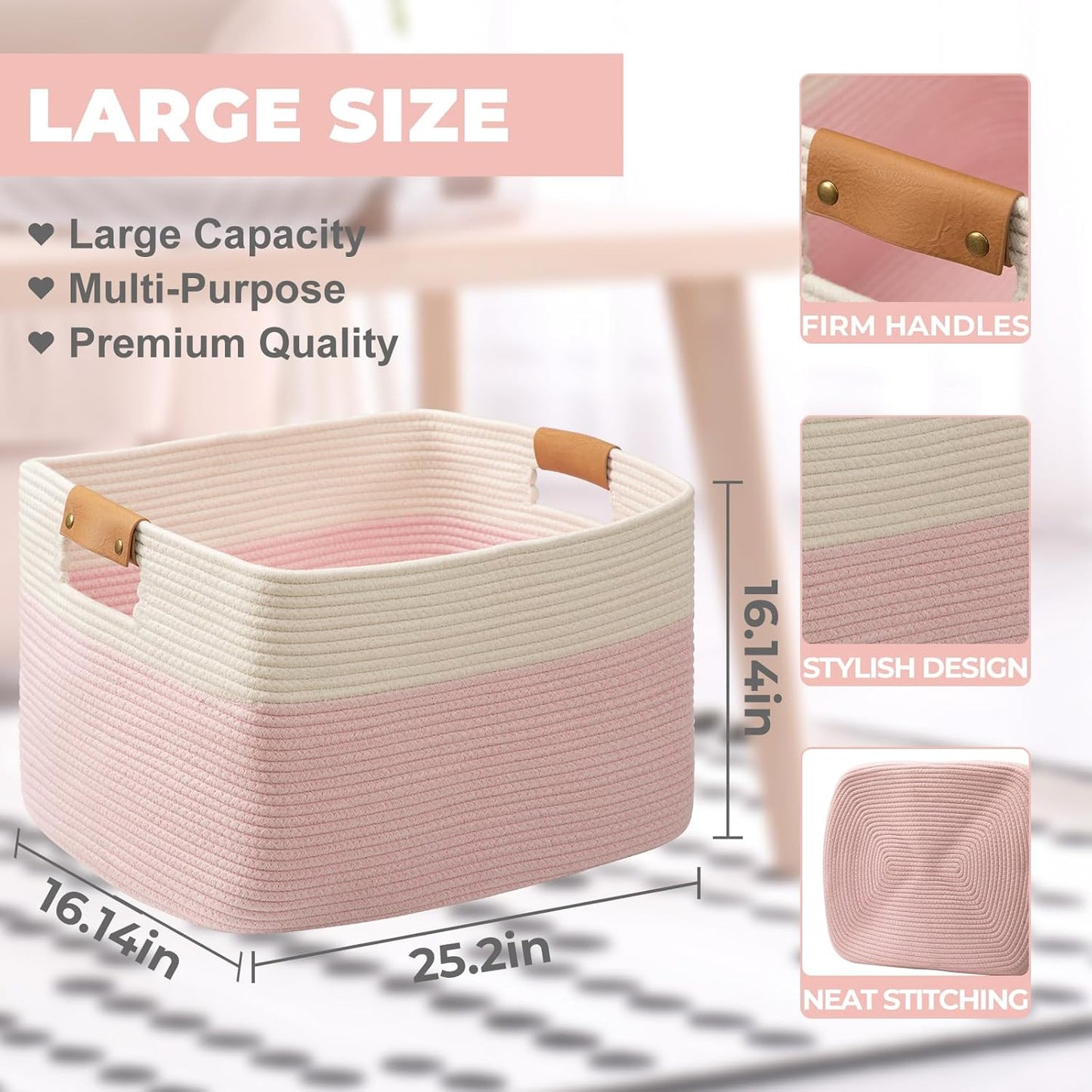 danpinera Large Woven Basket 25’’*16’’*16’’ Rectangle Woven Baskets for Storage, Storage for Living Room, Soft Cotton Rope Basket With Handle, Large Basket for Kids Dog Toys, 108L Pink+White