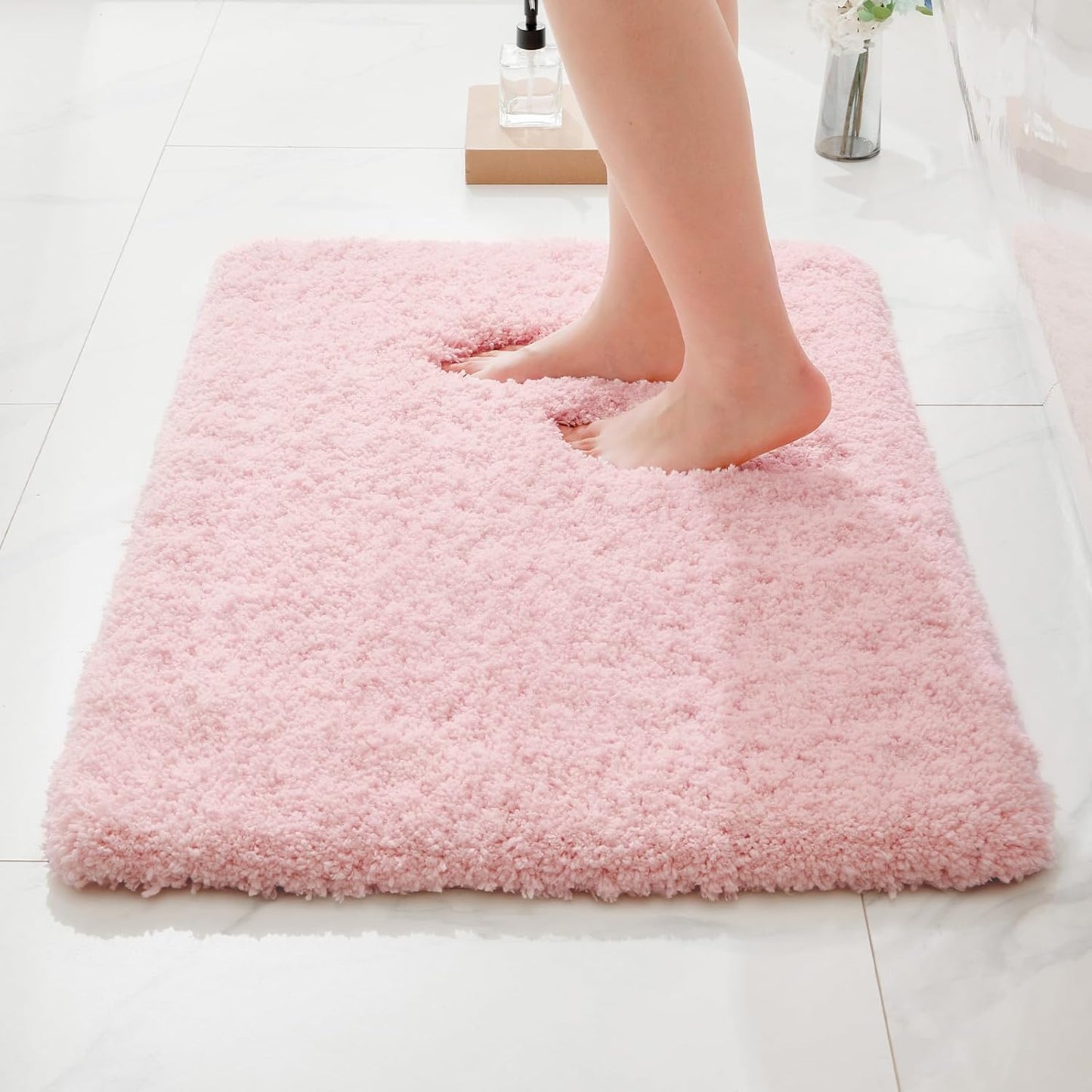 ILANGO Dark Pink Bathroom Rugs 24" × 17" Small Non Slip & Super Absorbent Extra Thick Soft, Washable Bath Mat for Floor, Microfiber Plush Shaggy Bath Rug with Rubber for Bathtub Shower Room Sink
