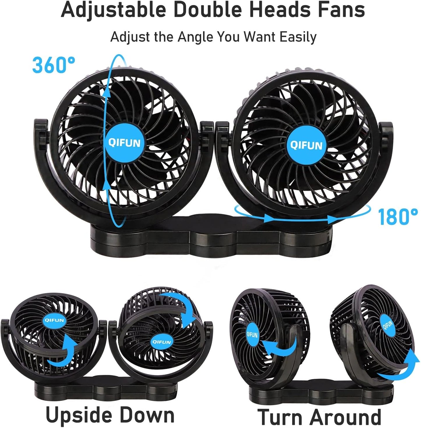 QIFUN 12V Car Fan, Portable Car Fan Cool Gadgets for Rear Seat Passenger, 4'' Headrest 360° Rotatable Backseat Car Cooling with Stepless Speed Regulation for Vehicles, SUV, RV, Boat