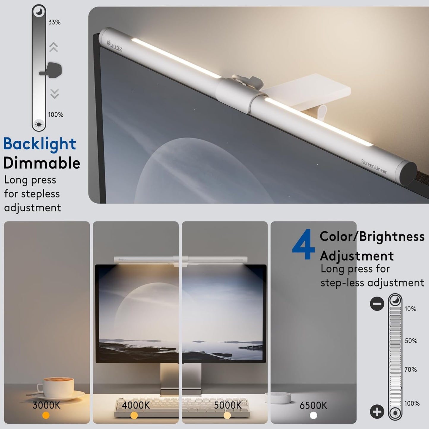 Quntis Monitor Light Bar with Remote, Eye-Care No Glare, Space Saving Home Office Desk Lamp, White, Stepless Dimming, Easy Setup LED Computer Light Backlight for Curved Gaming Monitors Reading Study
