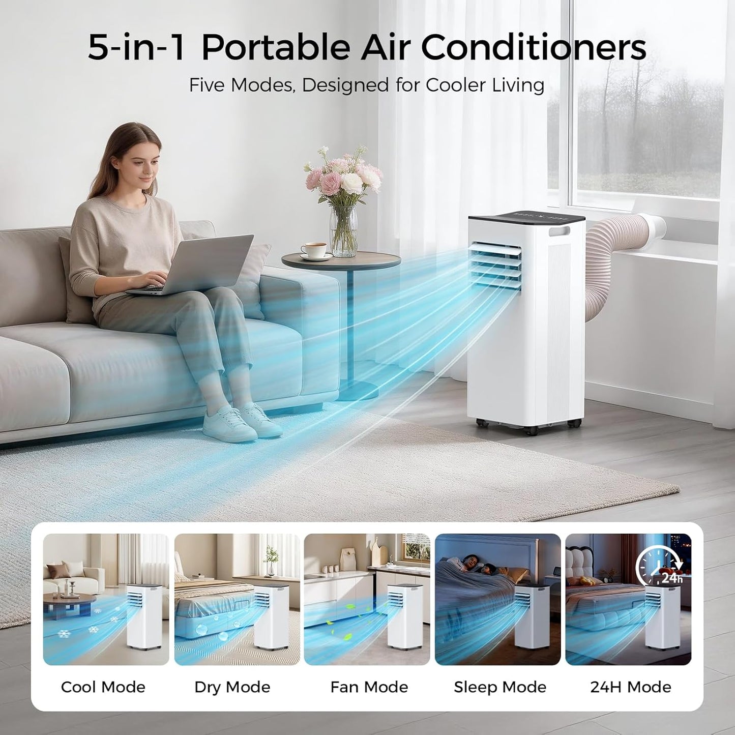 16000 BTU Portable Air Conditioner for Large Rooms & Bedrooms up to 750 Sq.Ft, Ultra Quiet 40dB Smart WiFi AC, 5-in-1 Cooling with Dehumidifier, Fan, Sleep Mode & Timer(White)