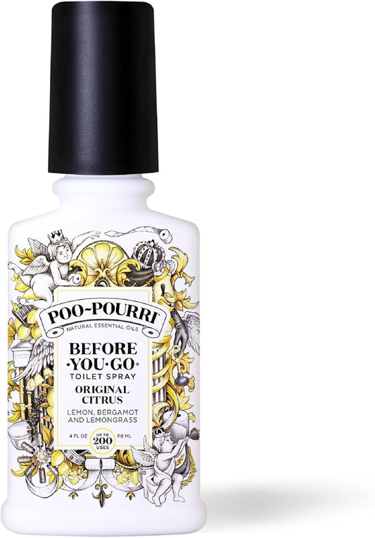 Poo-Pourri Before-You-Go Toilet Spray, Original Citrus, 4 Fl Oz, Up to 200 Uses, Bathroom Odor Deodorizer, Plant-Based with Essential Oils, for Home or Work, Lemon, Bergamot and Lemongrass Scent