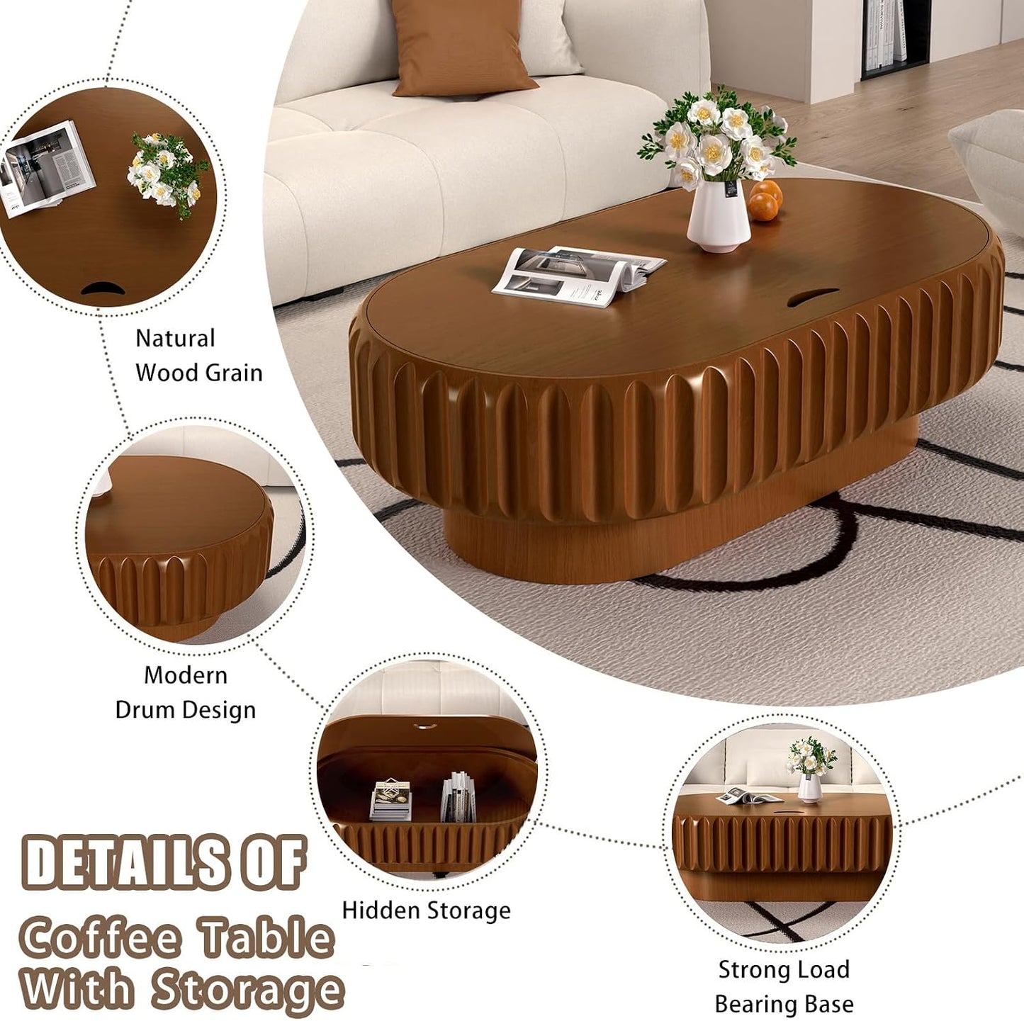 43.3" Oval Coffee Table with Storage (A Brown 43.3 in) | Fluted Coffee Table with Solid Wood Veneer, Mid Century Modern Wood Center Table, Accent Tea Table for Living Room Apartment