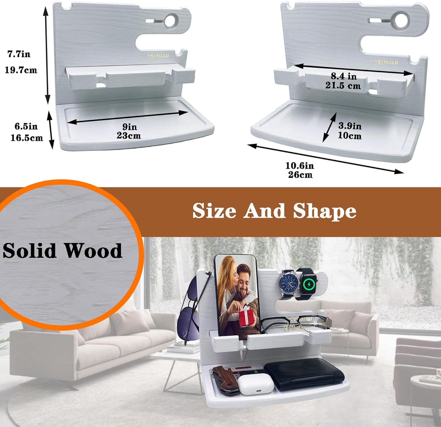 VEIYAILU Gifts for Women Girlfriend Him Men Dad Husband Boyfriend Nightstand Organizer Wood Phone Docking Station(White)