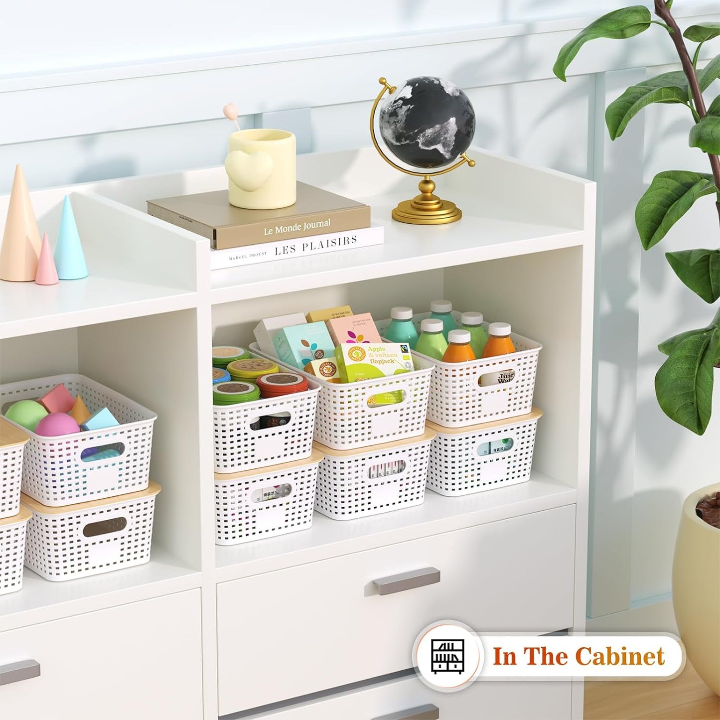 Ohmlove 6 Pack Plastic Storage Baskets with Bamboo Lids for Organization | Stackable Storage bins, Storages Baskets for Organizing Shelves Drawers Desktop Closet Playroom Classroom Office, Cream White
