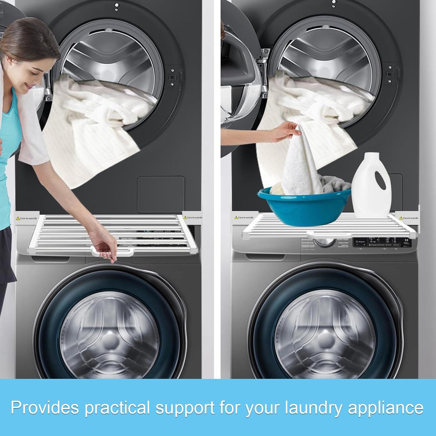 Kiss Core Washer Dryer Stacking Kit 29 inch, Universal Washer and Dryer Stacking Kit with Pull Out Drying Rack, Adjustable 29"/28"/27"/26"/25"/24" Stacking Kit with Ratchet Strap