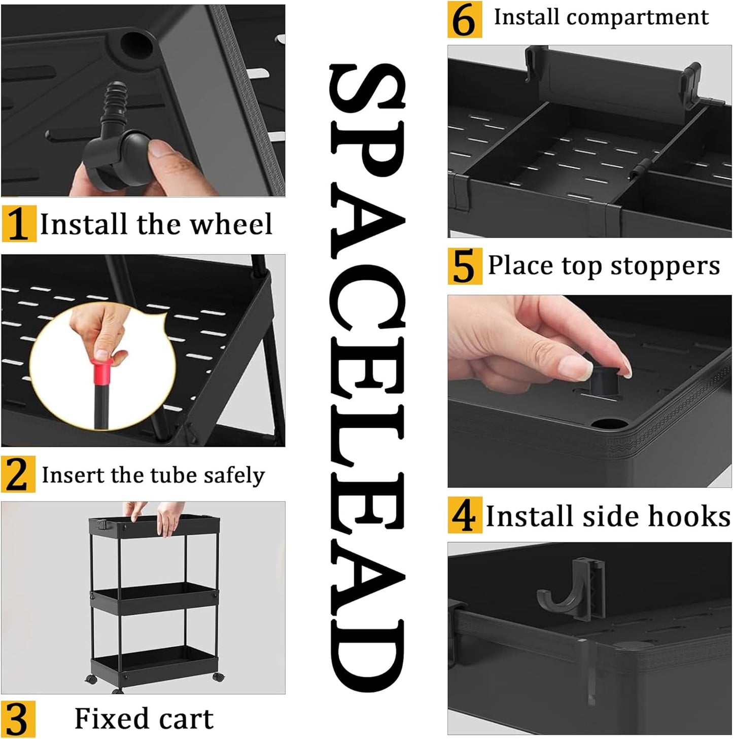 SPACELEAD Slim Storage Cart 3 Tier,Bathroom Organizer Rolling Utility,Mobile Shelving Unit Slide Out for Office, Kitchen, Laundry Room & Narrow Places,Black