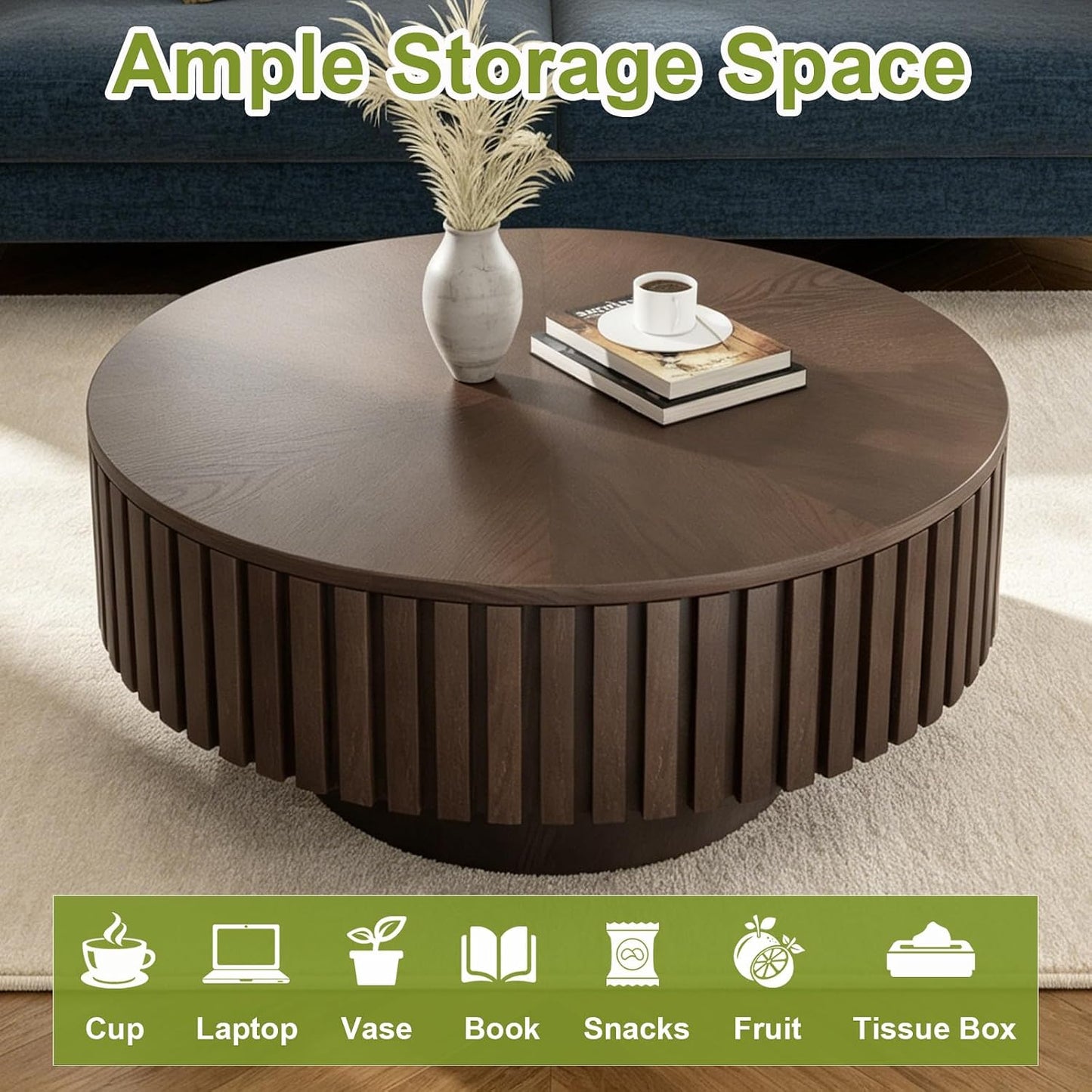 31" Brown Round Coffee Table with Storage (G, 1PC) | For Living Room, Circle Drum Wood Fluted Coffee Table with Flip-Top Lid, Farmhouse Modern, For Small Spaces, Easy Assembly