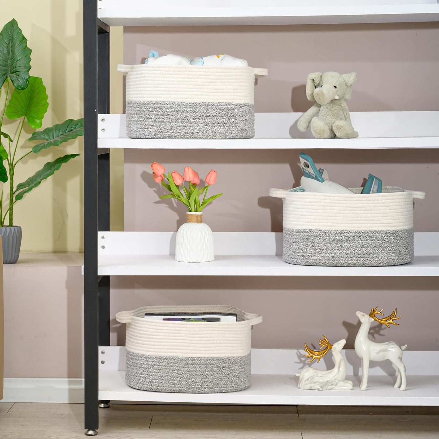 DUHEL Cotton Rope Woven Storage Basket(White&Grey-3PCS) | Used for Baby Hamper Toy Organizer, Gift Baskets Empty,Kids,Baby,nursery. Size 15x10x8.7 Inches.