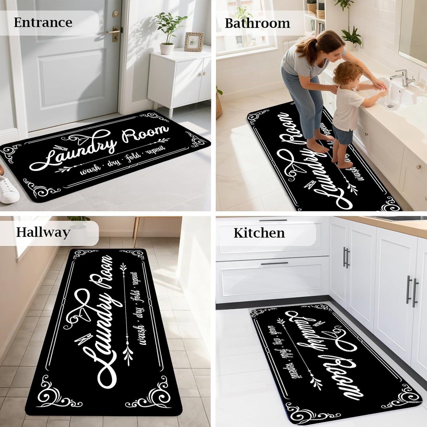 Non-Slip Laundry Room Rug Runner 17.3"x47.2" Washable Floor Cushioned Rubber Carpet Black Bathroom Hallway Mudroom Kitchen Mat for Farmhouse Entryway Washroom Decor Accessories