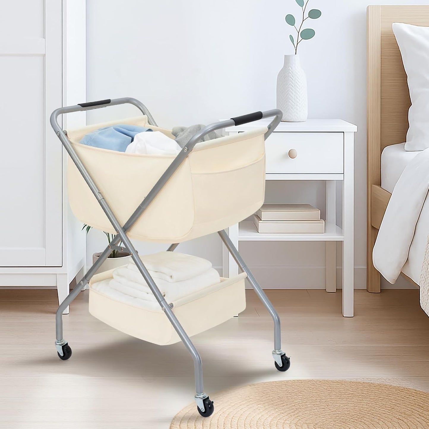 STORAGE MANIAC Collapsible Laundry Cart with Wheels 31.5"H Rolling Laundry Hamper Clothes Basket with Wheels, Canvas Liner Sturdy Steel Frame Folding for Small Narrow Space Easy Storage, Beige