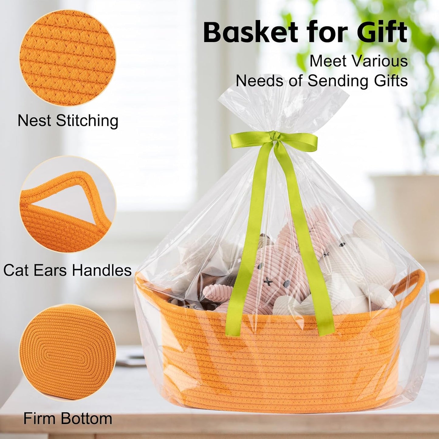 OIAHOMY Woven Basket, Gift Basket Empty with Gift Bags and Ribbons, Rope Baskets for Baby Showers, Storage Baskets with Handles for Nursery, Pet Toy Organizer - Orange