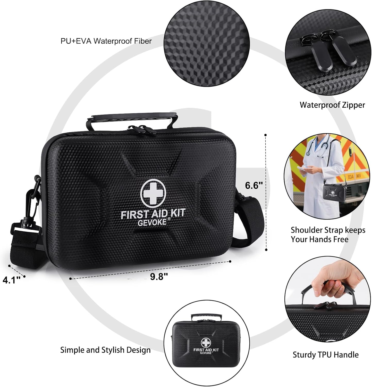 Gevoke 410 Piece Waterproof Hard Shell First Aid Kit for Home, Car, Travel, Camping, Truck, Hiking, Sports, Office, Vehicle & Outdoor Emergencies - Emergency Medical Kits (Black)