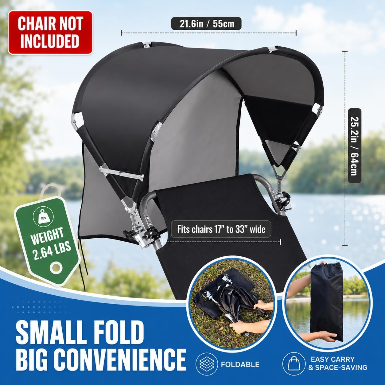 Universal Wind-Resistant Chair Umbrella Canopy, Foldable Portable UPF 50+ Sun Shade Attachment with Adjustable Clamp, Fits Most Beach, Camping, Lawn, Sports, Tanning, Zero Gravity Chairs, Patented