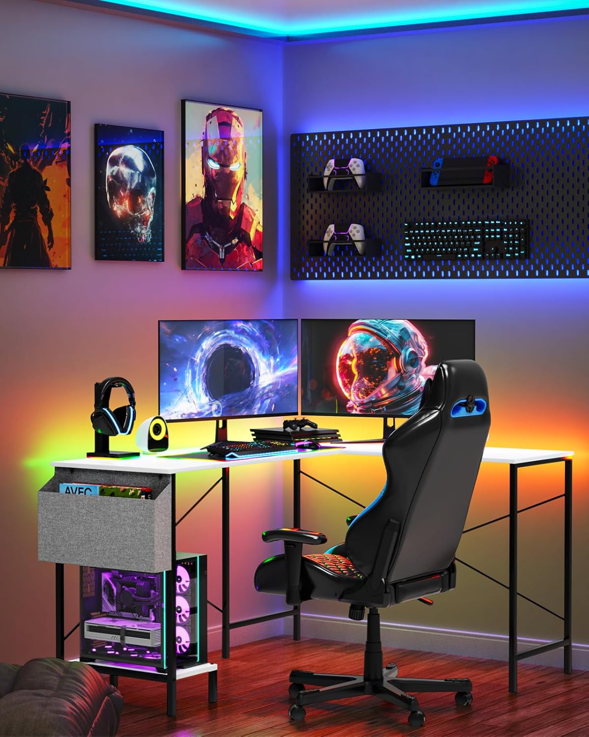 L Shaped Desk Gaming Computer 50 Inch Reversible Corner Table PC Work Table for Writing Study Student with Wood Tabletop Metal Frame CPU Stand Side Bag for Home Office Small Place
