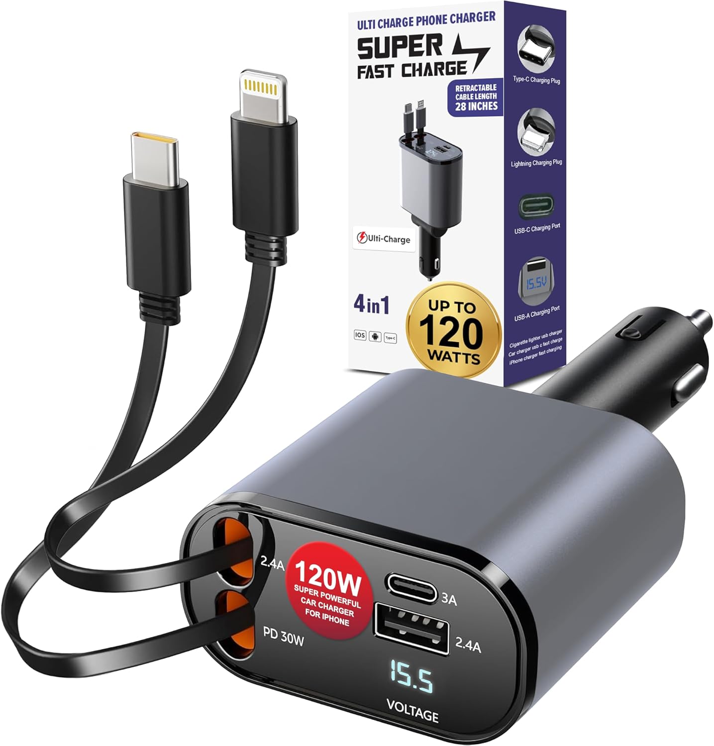 Ulti Charge iPhone Car Charger USB C Fast Charge Charging Retractable Car Charger Auto Adapter, Powerful 120W 4-Port USB-C & USB-A and Lightning iPhone, Samsung, Tablets USBC Charger Block