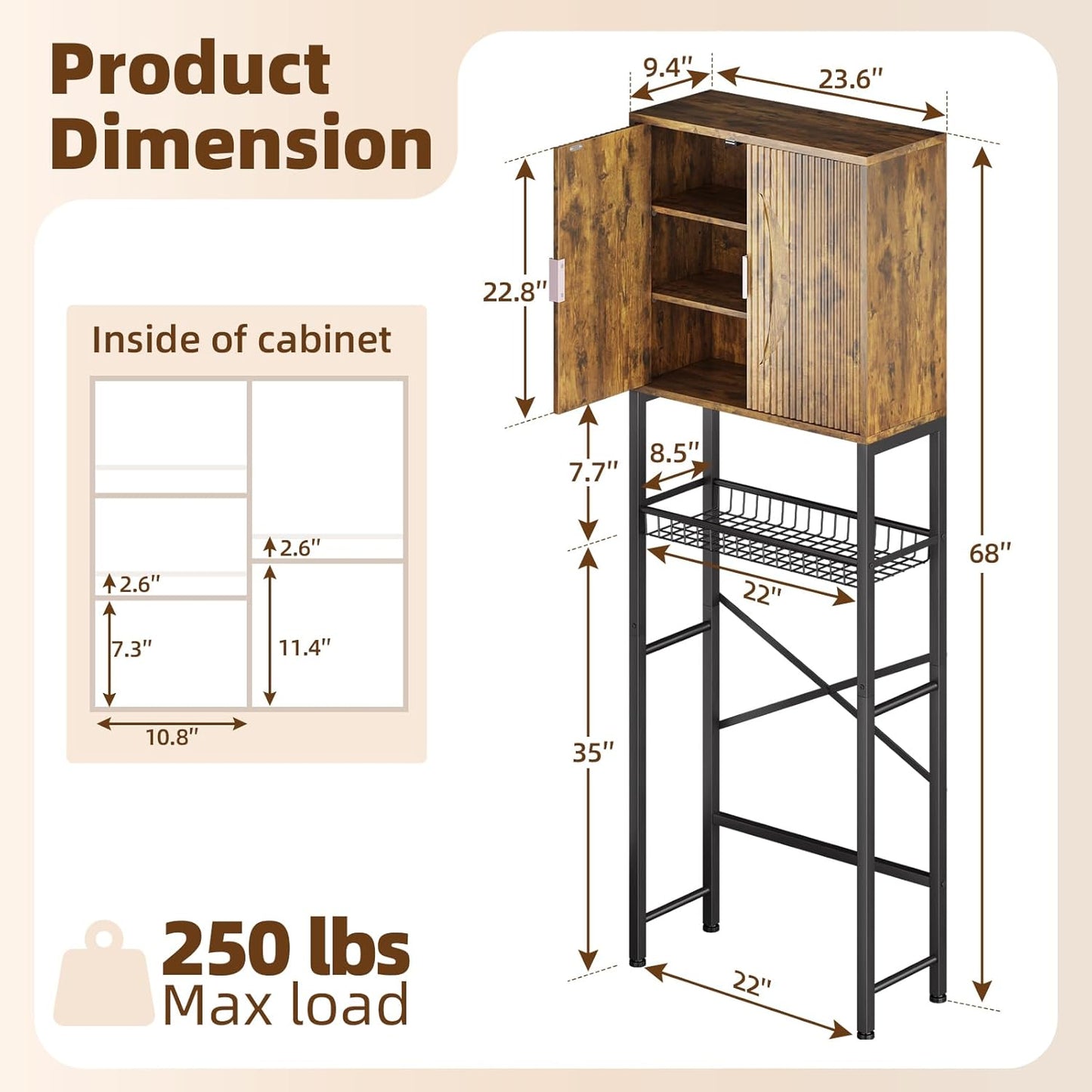 Kalrin Over The Toilet Storage Cabinet with Fluted Wave Doors and Adjustable Shelf, Wood Over Toilet Storage Rack with Drain Basket, Freestanding Bathroom Organizer for Balcony Laundry, Vintage Brown