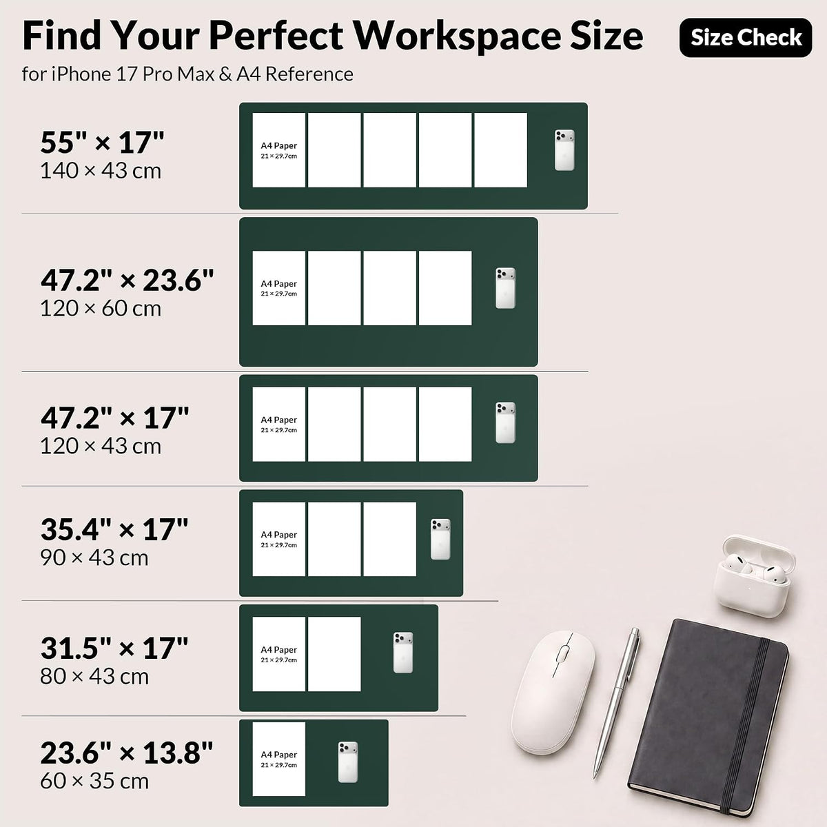 AFIING Cork Desk Mat, Dark Green, 31.5" x 17",Desk pad Protector