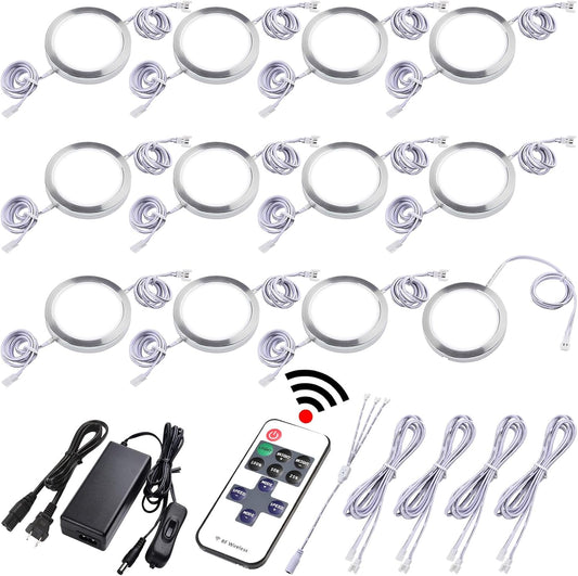 Small LED Puck Lights for Uplight or Downlight, 120V Hardwired & Plug in Cabinet Lights Kit, Wireless RF Remote Control Dimmable, Daisy Chained Linkable, White Wires, Daylight, 12 Lights