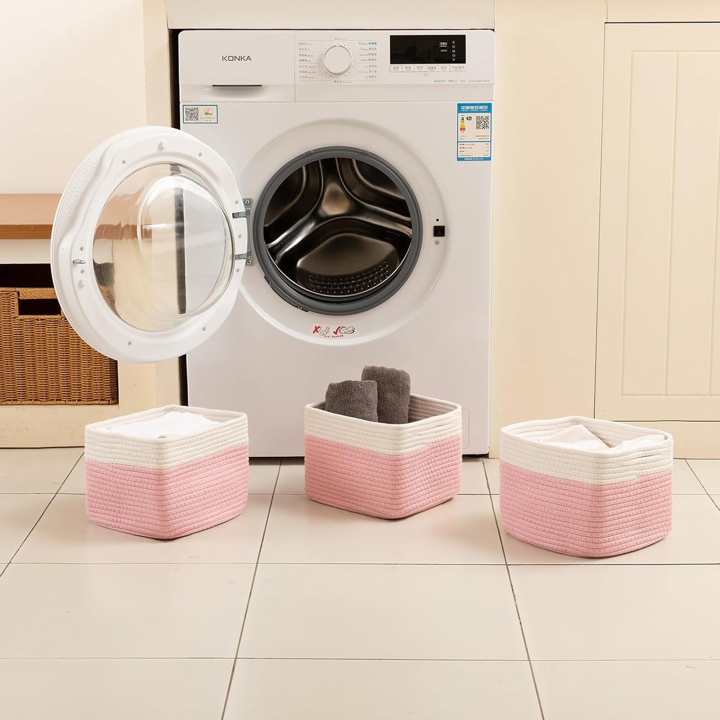 OIAHOMY 3 PACK Cube Storage Bins Storage Baskets Shelf Bins Pink&White | Storage Cubes Cotton Rope Woven Baskets for Organizing Basket for Gifts Storage Baskets for Shelves Cute Baskets