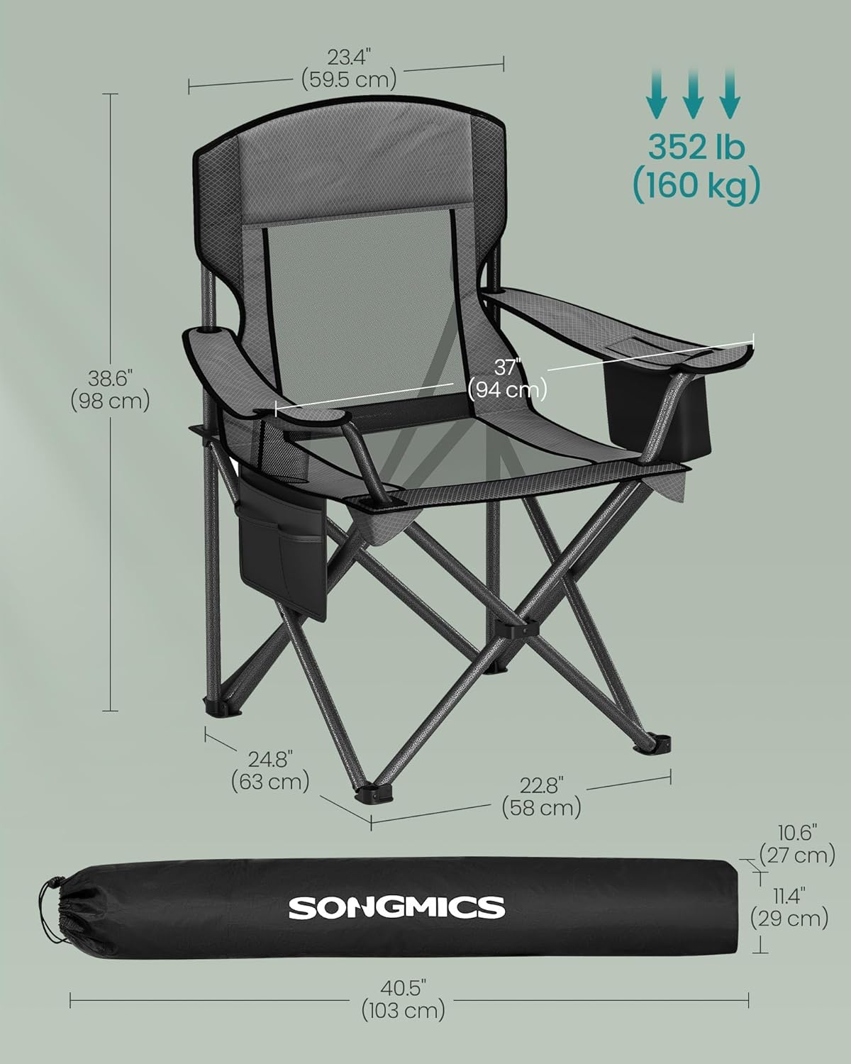 SONGMICS Camping Chair, Folding Oversized Chair, Comfortable and Heavy-Duty, 352 lb Weight Capacity, Adjustable Armrests with Cooler Bag, Storage Bag, Breathable Mesh, Slate Gray UGCB060G01