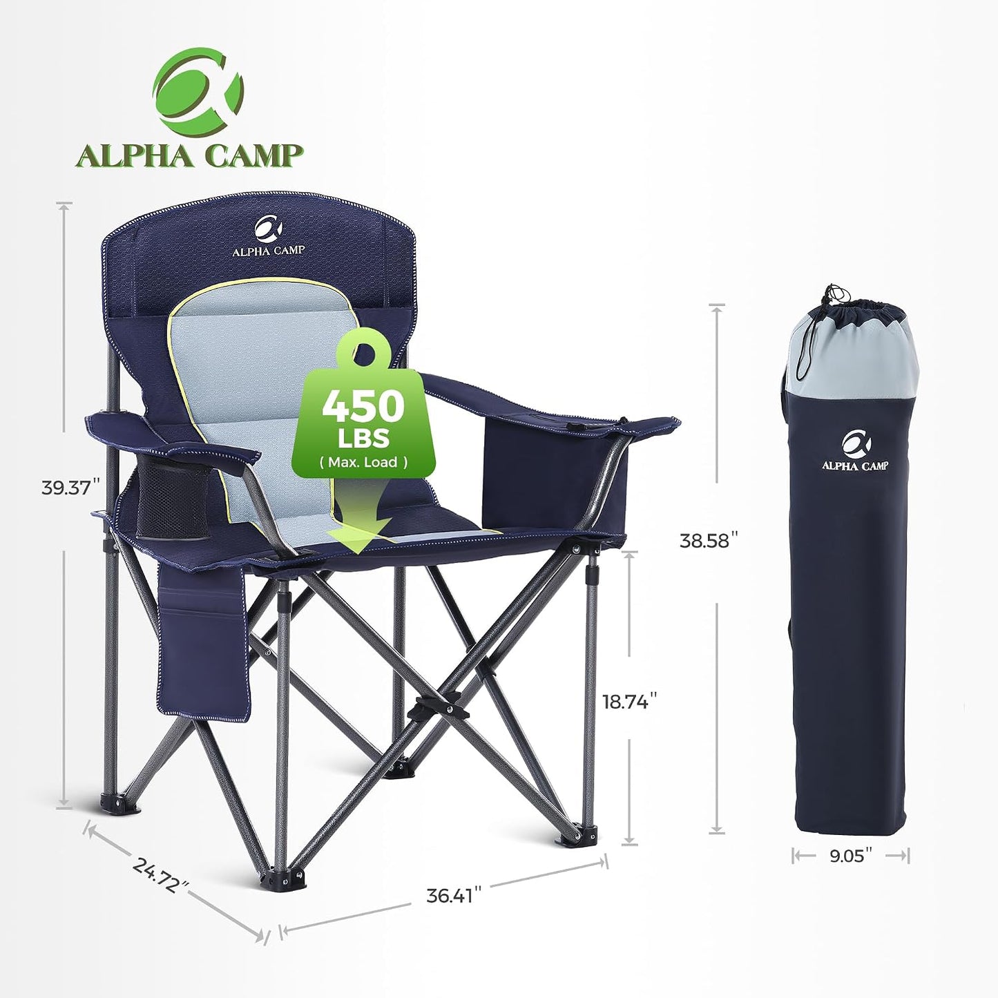 ALPHA CAMP Heavy Duty Camping Chair 500LBS Capacity, Oversized Folding Chair for Heavy People, Padded Portable Outdoor Chair with Cooler Bag & Cup Holder for Camping, Fishing, Beach