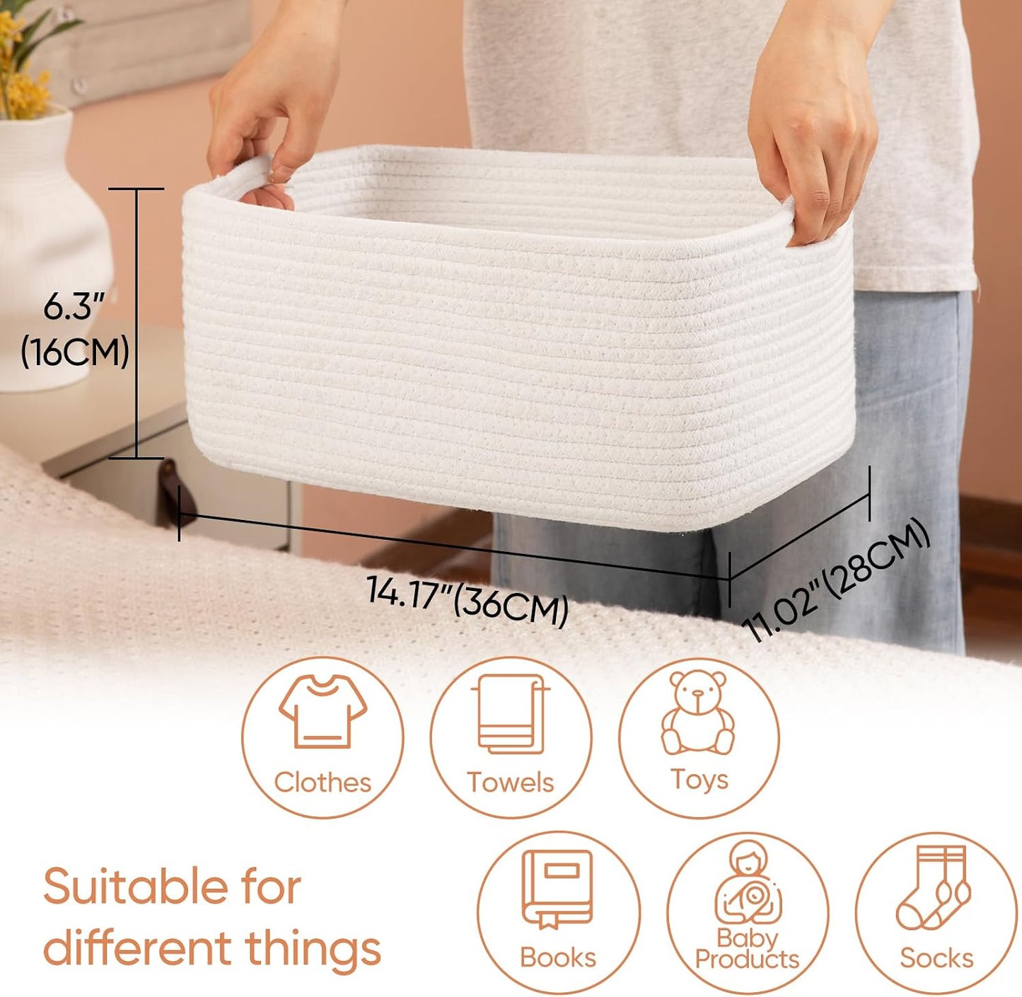 OIAHOMY 4 Pack 14.17 * 11.02 * 6.3IN Storage Baskets for Organizing Shelves, Woven Rope Baskets for Organizing Books, Clothes, Decorative Basket for Living Room, Nursery, Bedroom, Gift Basket, White