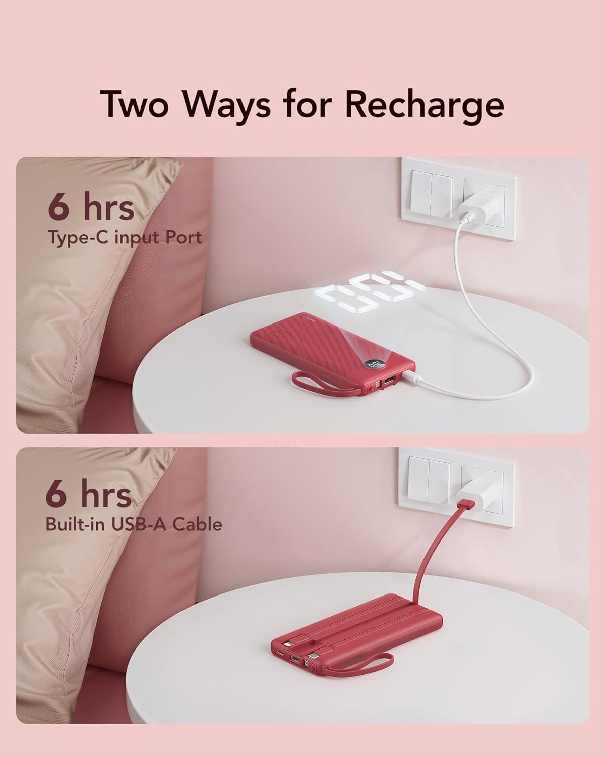 VRURC Portable Charger, Built in 4 Cables & Lanyard Power Bank 10000mAh, Compact USB C Charging Bank 5 Outputs for Multi Devices,Travel Essential for Hiking Camping Business Cruise Ship-Red(1 Pack)
