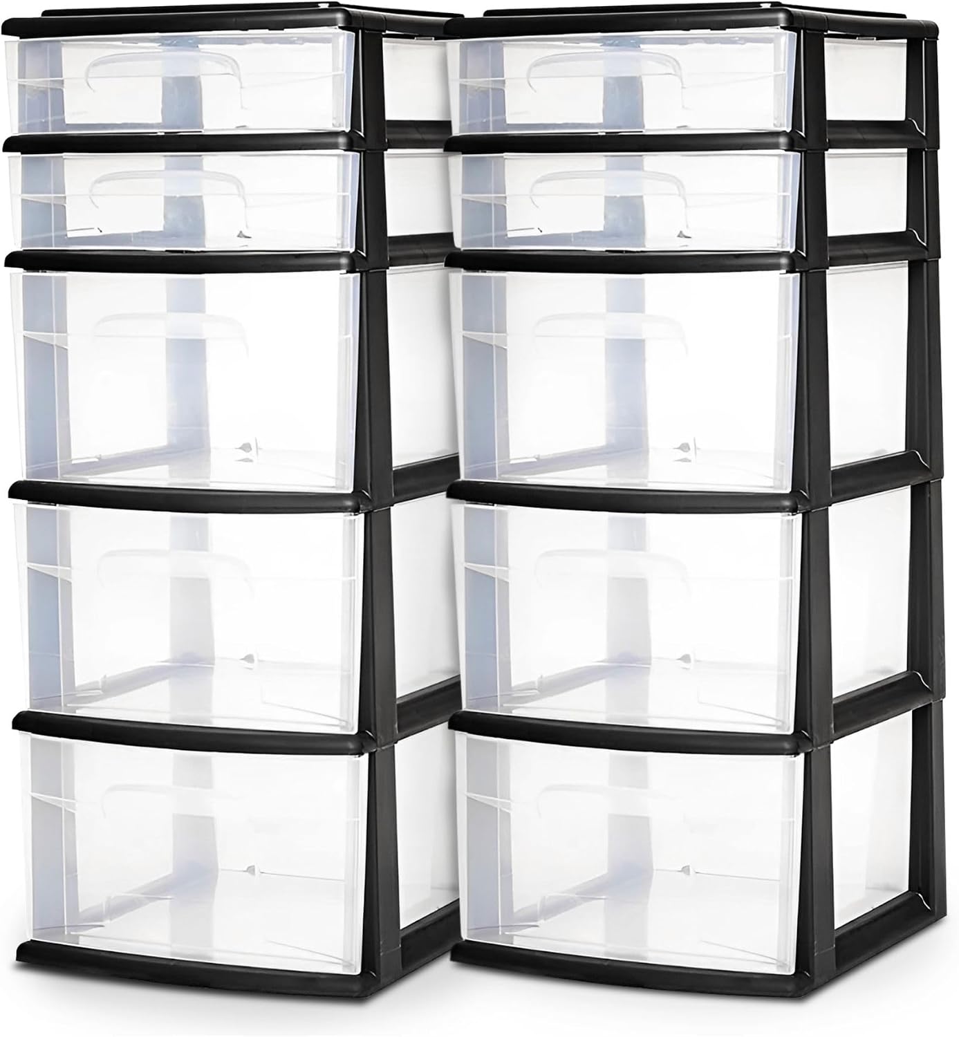 HOMZ 2-Pack Drawer Tower, 5-Tier Clear Plastic Storage Organizer Unit, Black Frame - Multi-Purpose Container Drawers for Bedroom, Bathroom, and Office Organization