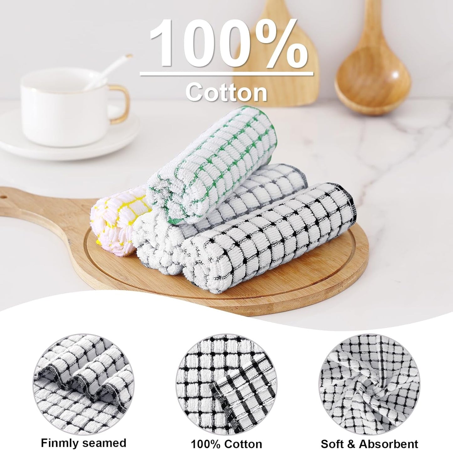 Kitinjoy Cotton 8 Pack Terry Kitchen Dish Cloths, 12 x 12 Inches Super Soft and Absorbent Dish Rags, Quick Drying Dish Towels for Washing Dishes, Black