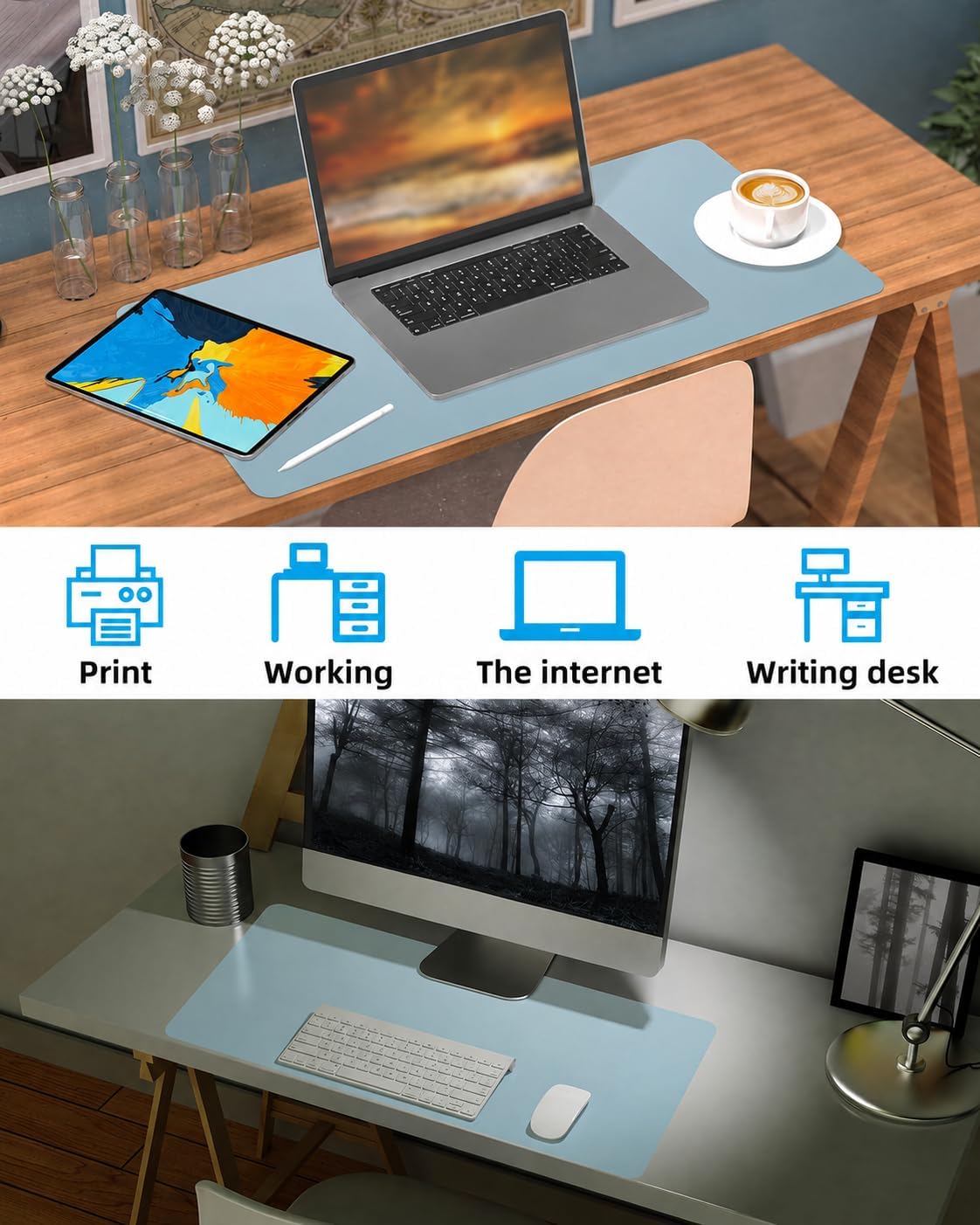 Non-Slip Desk mat,PULeather Desk Pad Protector, Office Desk Mat, Large Mouse Pad,Desk Blotter, Laptop Desk Pad, Waterproof Desk Writing Pad for Office and Home (Light Blue, 35.4" x 17")