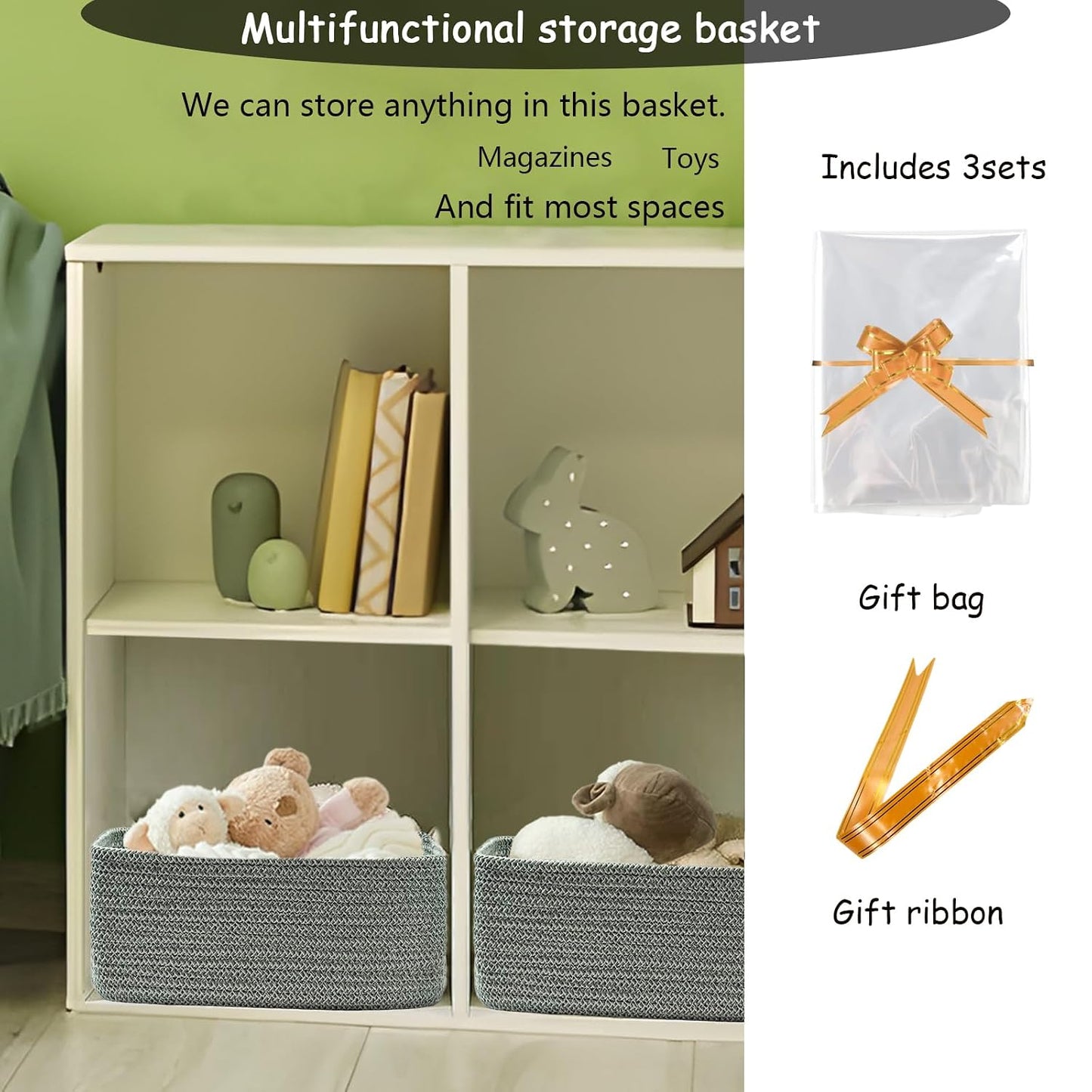 COMFY-HOMI 13" x 8.5" x 5.1" Storage Baskets for Organizing | Cotton Rope Woven Basket | Toy Storage Bin Box | Basket for Shelves, Closet Organizer Bin, Decorative Closet Shelf, 3 Pack