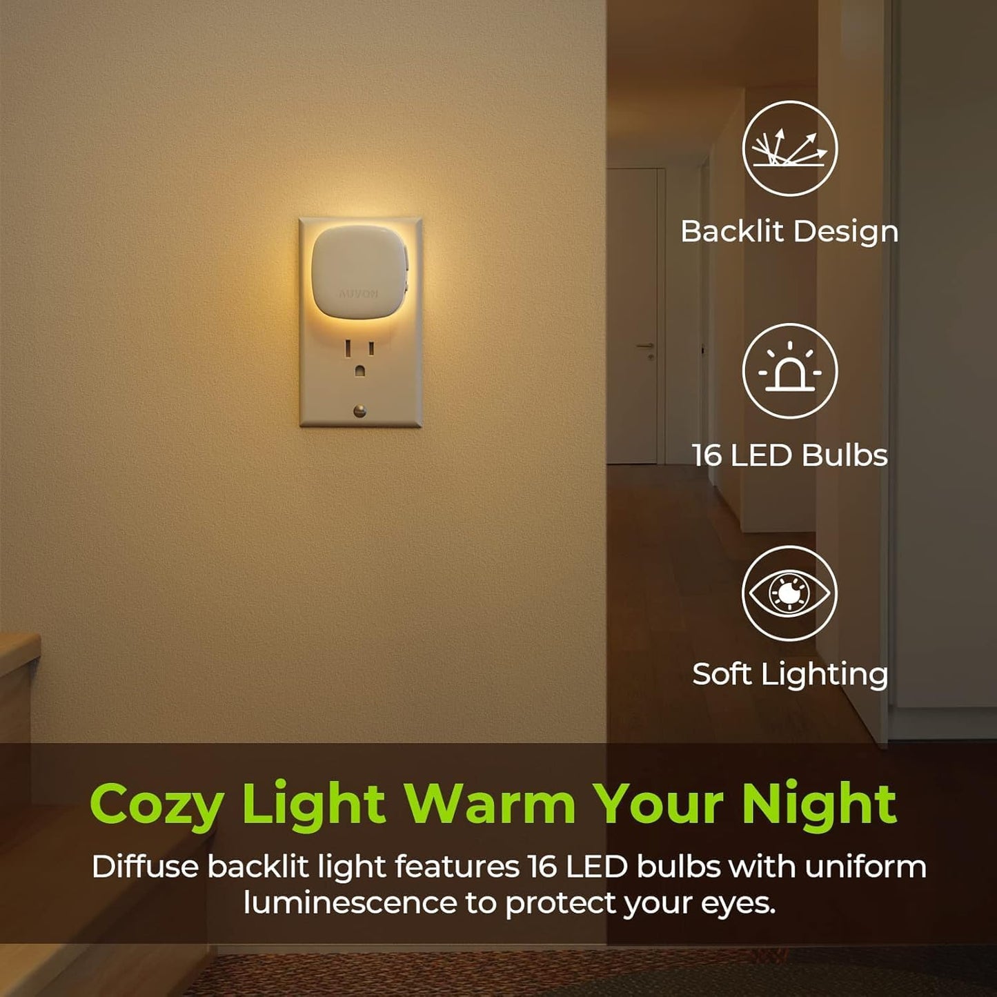 AUVON Plug-in LED Backlit Night Light with Motion Sensor & Dusk to Dawn Sensor, 2200K Soft Warm White Nightlight with 1-50lm Dimmable Brightness for Adults & Kids' Bedroom, Bathroom, Hallway (4 Packs)