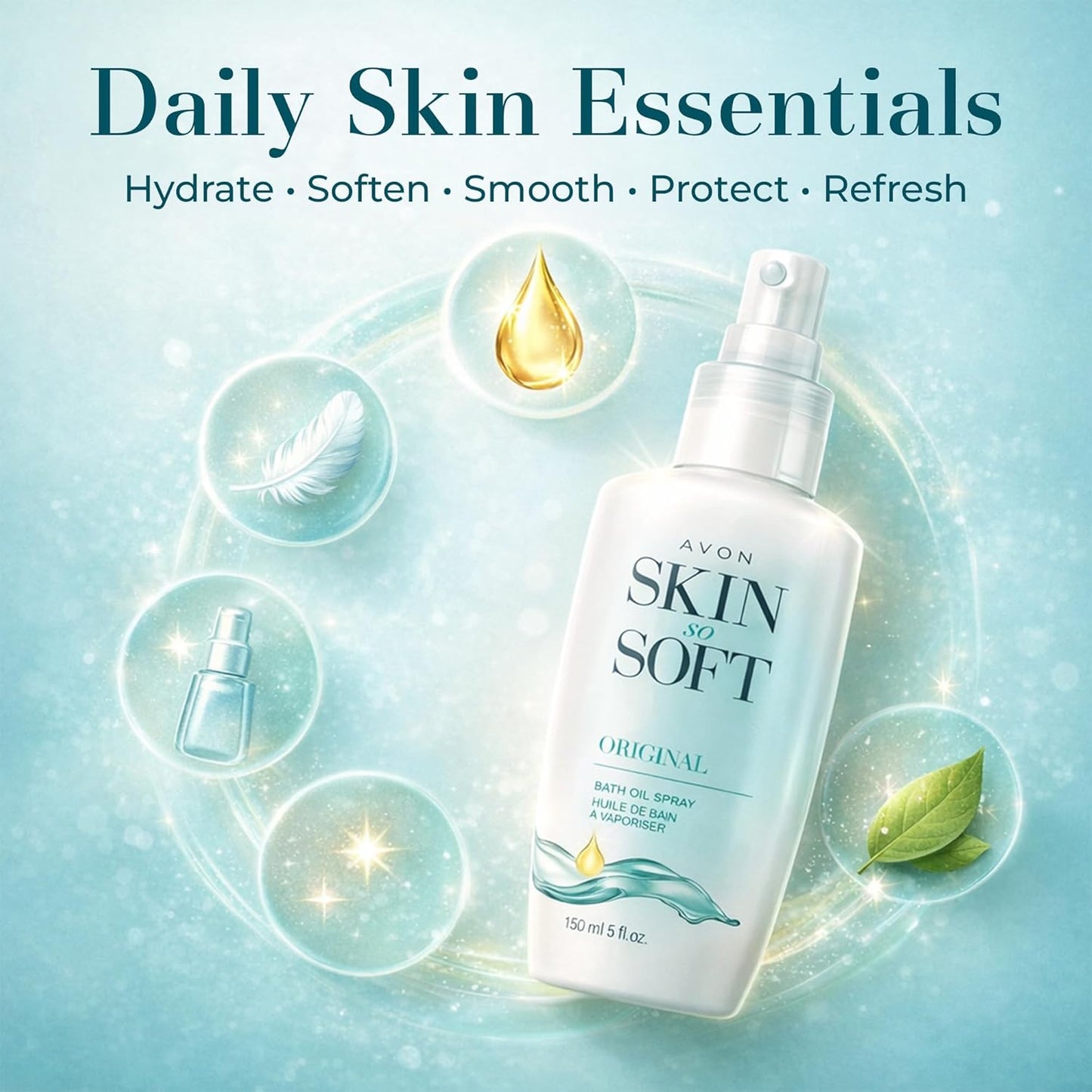 AVON Skin So Soft Original Bath Oil Spray - Moisturizing Shower Oil with Jojoba Oil & Vitamin E - Non-Greasy Formula for Dry Skin Care - After Shower Moisturizer for Women - Hydrating Spray, 5 fl oz