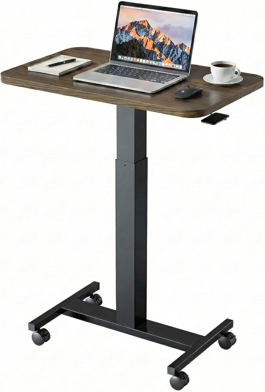 HUANUO Small Rolling Laptop Standing Desk, Height Adjustable Mobile T-Base Desk with Lockable Casters, Portable Sit-Stand Workstation for Bedside & Sofa, Light Walunt