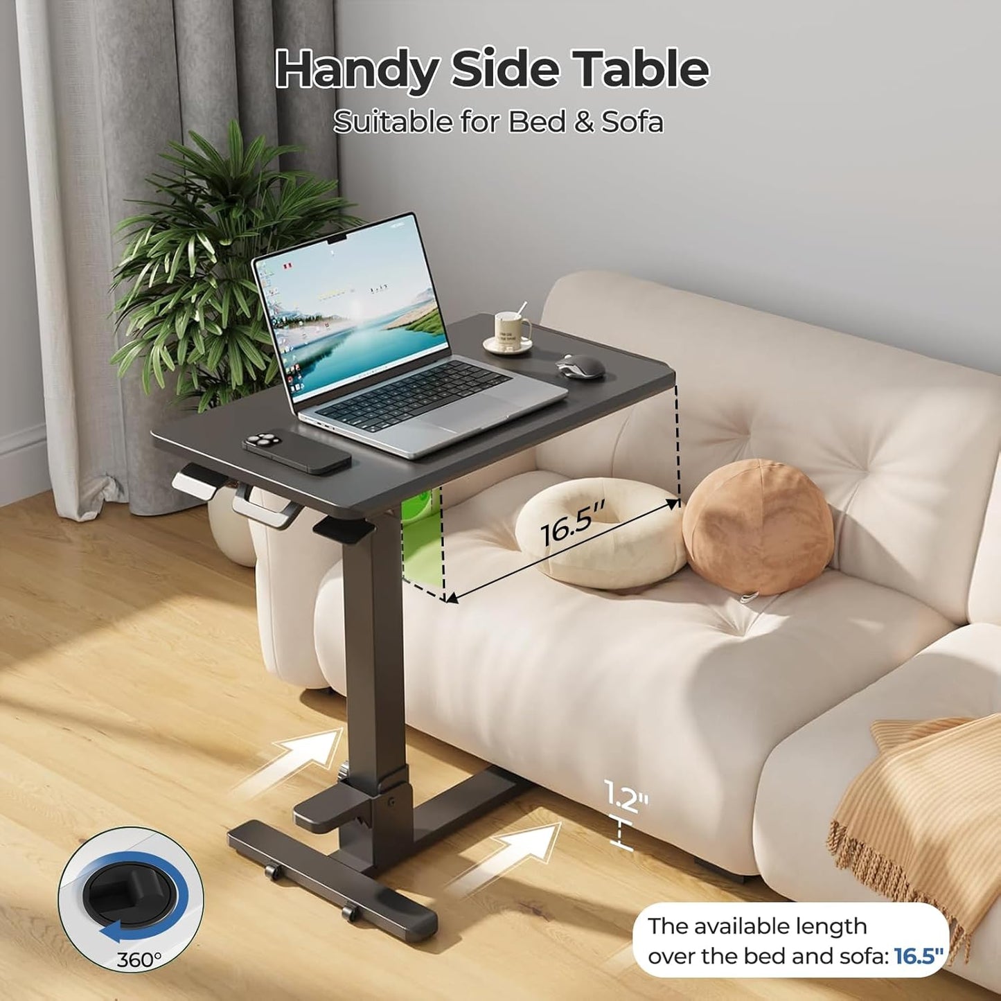 Foldable Mobile Standing Desk, 27 Inch Small Rolling Laptop Cart Height Adjustment, 90° Tiltable Sofaside Table, No Assembly Needed Portable Computer Workstation, Black