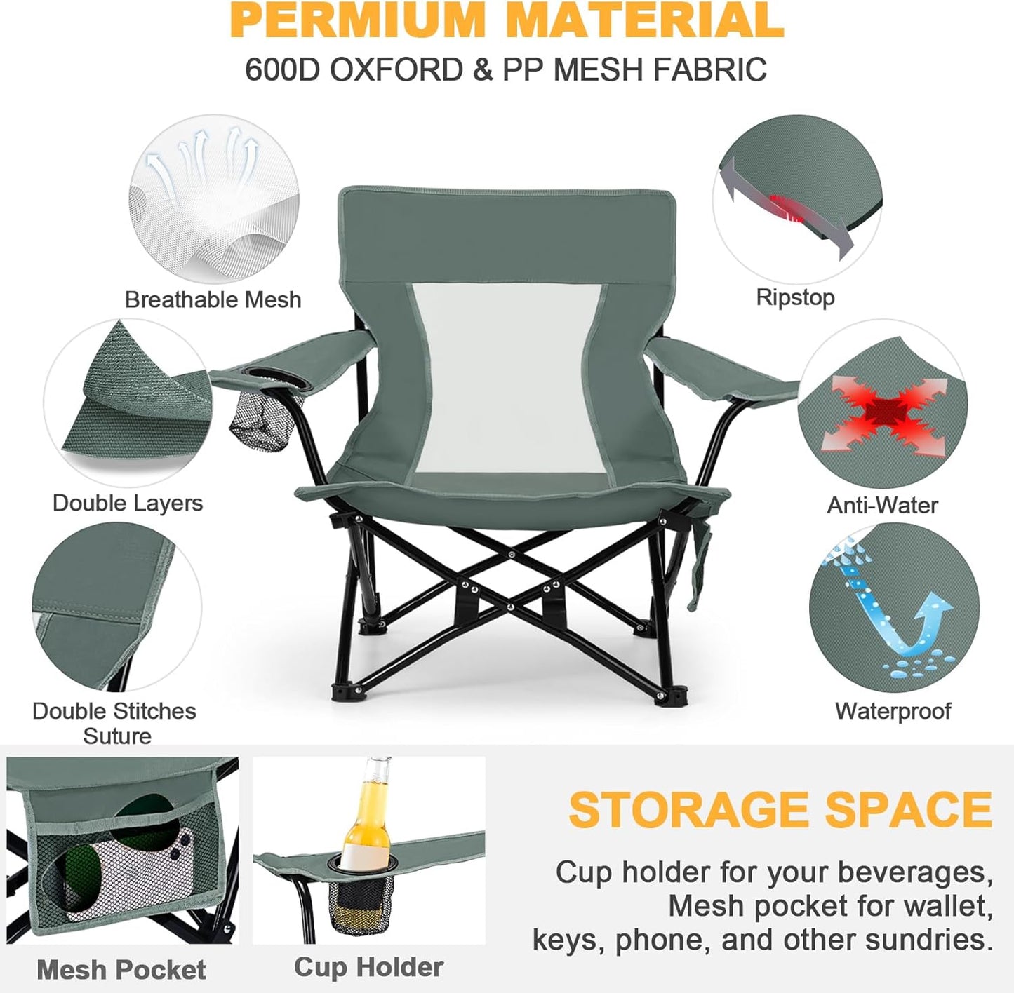 Joyfair Beach Camping Chair (2 Pack), Outdoor Folding Chair for Adults, Heavy Duty Portable Chair for Outside Fishing, Lawn, Sport, Patio, Armrest Cup Holder & Storage Pocket, Carry Bag (Grey)