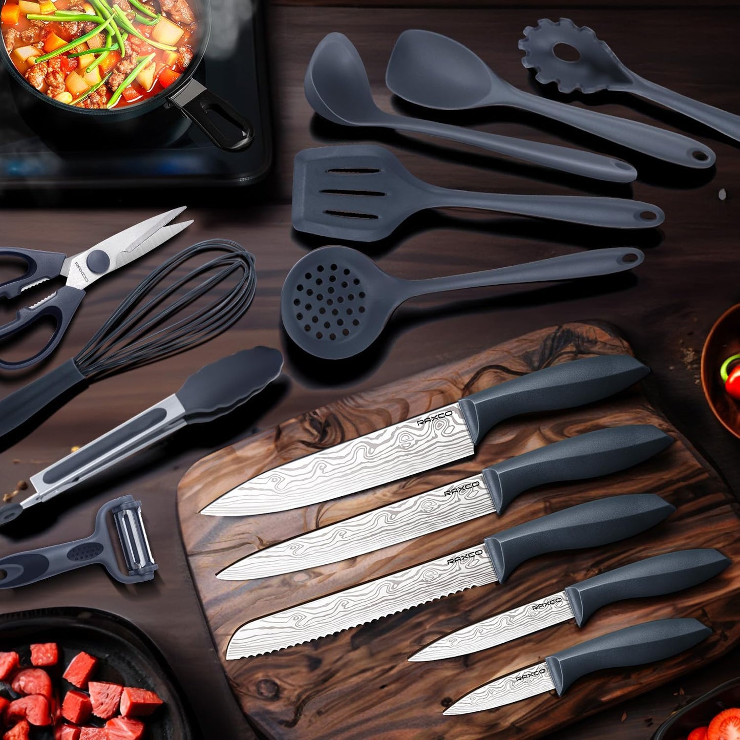 RAXCO Kitchen Set,7-Piece Cooking Utensils,5-Piece Kitchen Gadgets,6-Piece Knife set,Gray