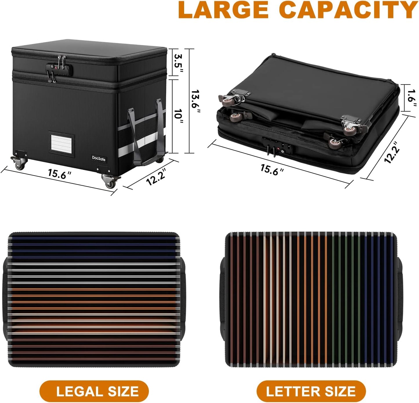 DocSafe Fireproof Document Box with Lock,2-Layer File Box with Wheels,Collapsible File Storage Organizer with Pockets,Large Portable Home Filing Cabinet for Hanging Folders,Black,16''x13.8''x12.2''