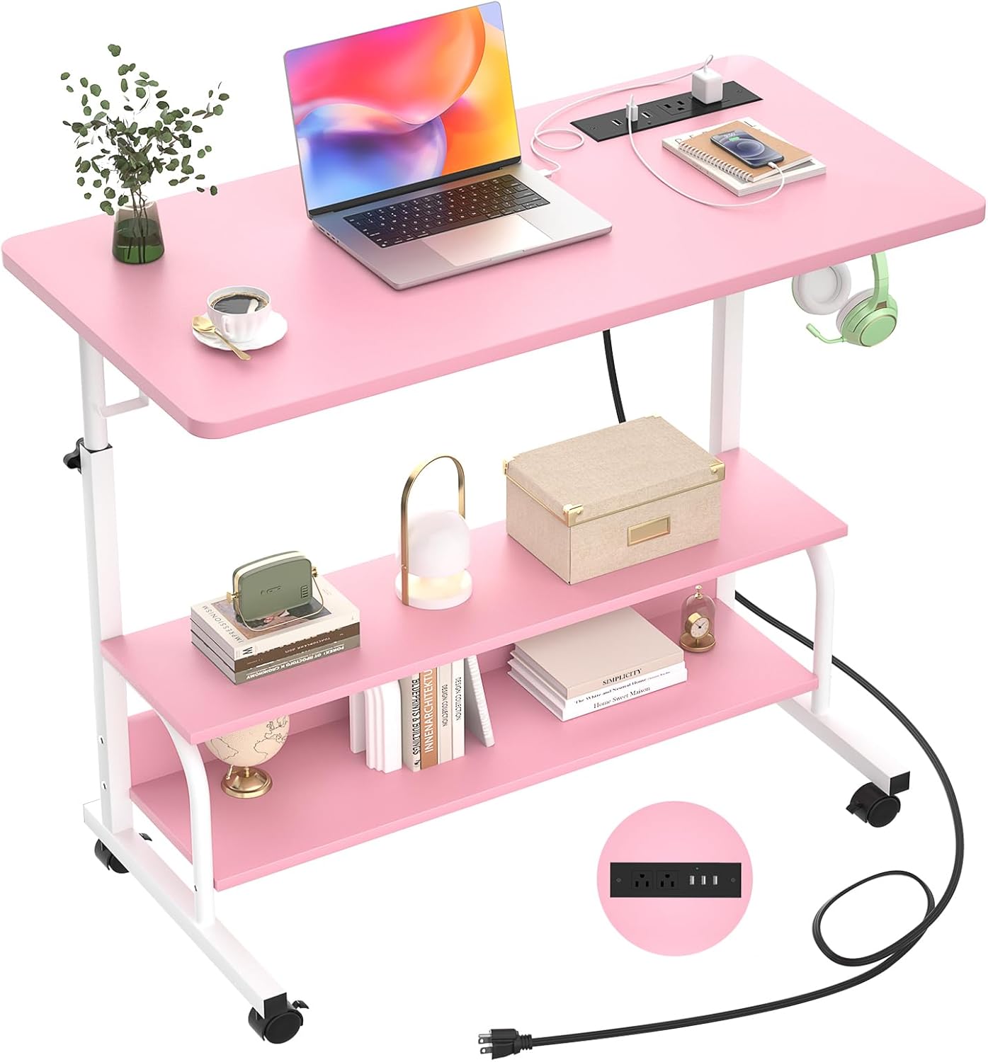 Armocity Rolling Standing Desk with Charging Station, Portable Height Adjustable Mobile Computer Desk with Wheels & 2-Tier Shelves & Hooks, Easy Assembly Laptop Table for Couch Bed, 32" Pink