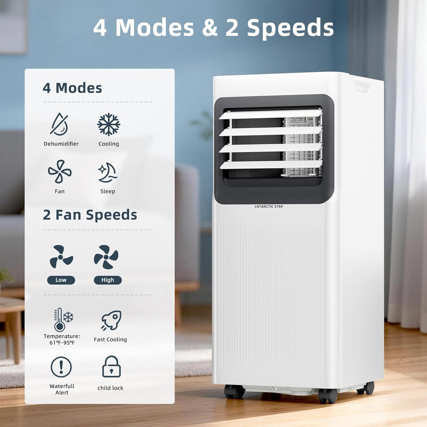 Antarctic Star 8000 BTU Portable Air Conditioner, 5-in-1 AC Unit with Cool, Dehumidifier, Fan, Sleep & Timer Modes, Auto Swing, Child Lock, Cools Up to 350 Sq.Ft, Air Conditioner for Bedroom Apartment