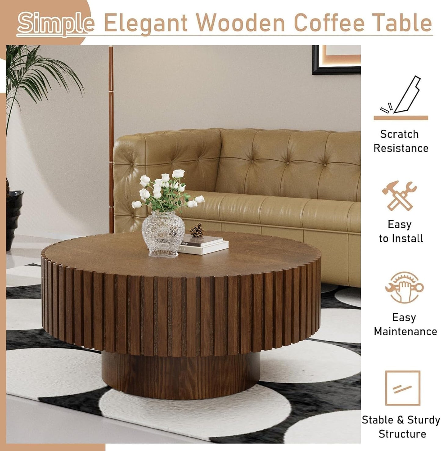 Mid Century Modern Round Fluted Coffee Table (J) | Handcraft Drum Coffee Table, Sturdy Pedestal, Wood Veneer Top, for Living Room Reception Room Farmhouse