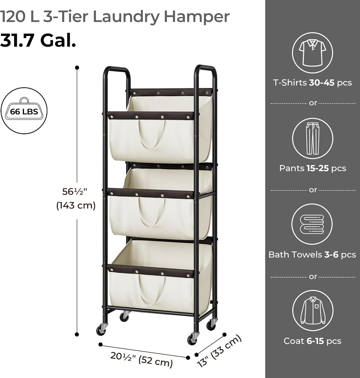 GRANNY SAYS 3 Section Tiered Laundry Sorter, Slim Vertical Laundry Hamper with Wheels, Narrow Rolling Laundry Cart with Removable Bags for Laundry Room, Bathroom, Closet, Dorm, Beige