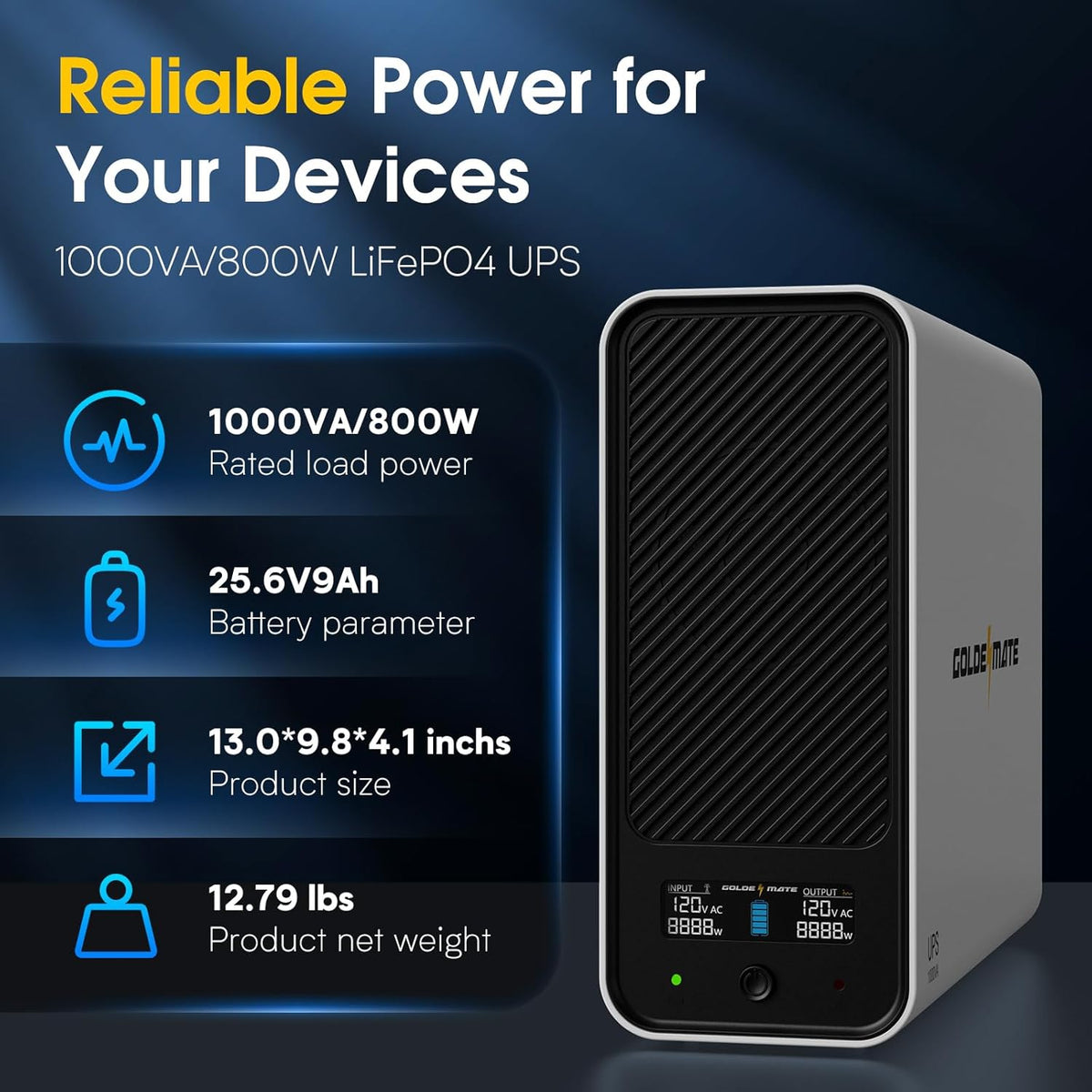 GOLDENMATE 1000VA/800W Lithium UPS Battery Backup & Surge Protector, White
